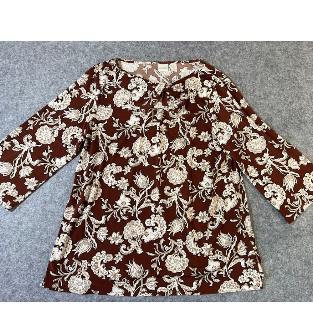 Chico's Brown Floral Print Stretch Tunic Blouse Top Keyhole Neckline Sz 3 XL 16